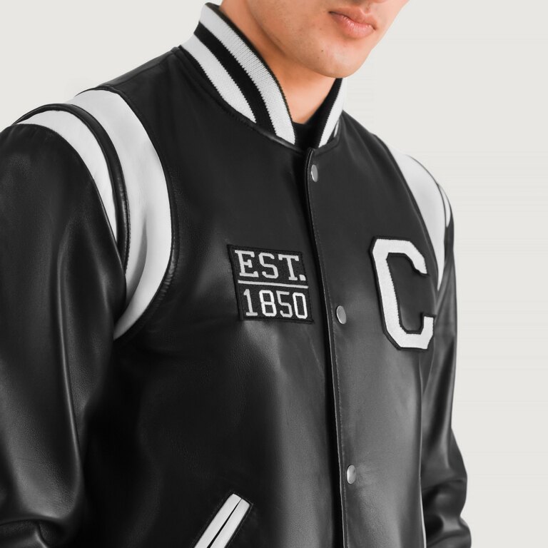 Mens Liberte California Black Leather Varsity Jacket Close Front-5-1704192931501